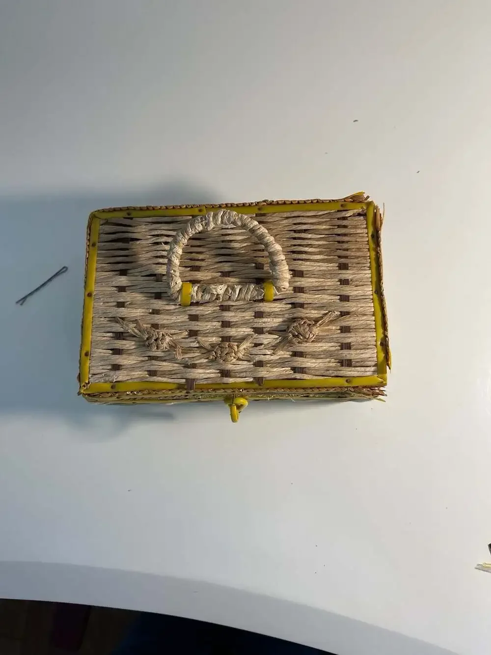 Vintage Dritz Woven Wicker Sewing Basket with Quilted Satin Lining Bright Yellow